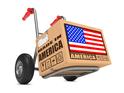 Made in USA - Cardboard Box on Hand Truck.