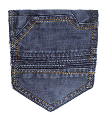 Blue jeans pocket isolated on white .
