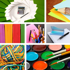 Collage of school and office supplies isolated on white