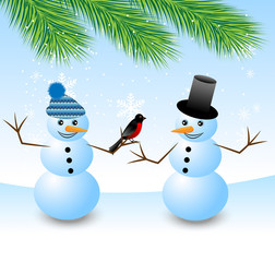 two snow men with a bird bullfinch
