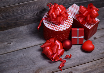 Christmas Presents and Ornaments on Wooden Background