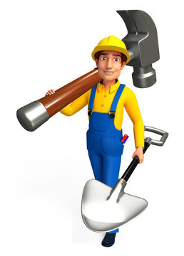 Plumber walk which his hammer & spade