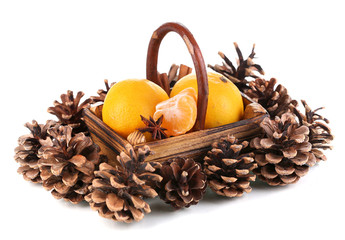 Naklejka na ściany i meble Christmas tangerines in basket isolated white