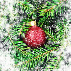 Winter Christmas Card with  festive ornaments and snow. Christma