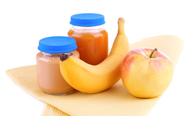 Jars  of various baby food, isolated on white