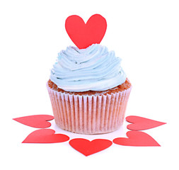 Tasty cupcake with butter cream, isolated on white