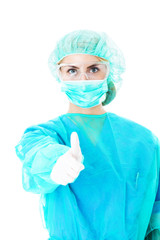 Surgeon In Scrubs Showing Thumbs Up Sign