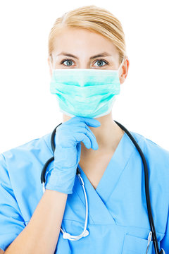 Nurse Wearing Surgical Mask Over White Background