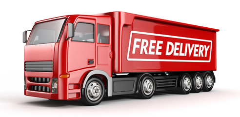 3d Red Truck with Free delivery text - isolated