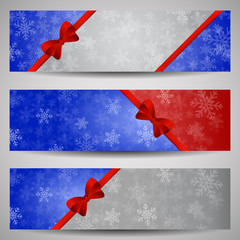 Set of blue, red and grey winter banners with red ribbon and sno