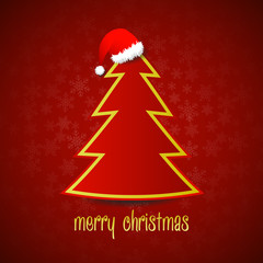 Red santa hat on red christmas tree on red snowflake background
