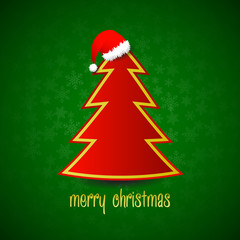 Red vector christmas tree with red santa hat on green snowflake