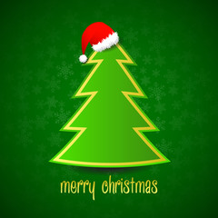 Green vector christmas tree with red santa hat on green snowflak
