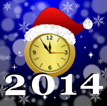 a round beautiful clock with a new-year cap and symbols of comin