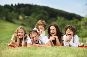 Big family is relaxing in green nature