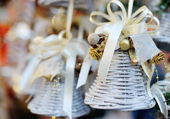 Christmas tree decoration white bell with ribbon