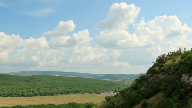 Movement of the clouds on the mountain. Cave city Bakla, Crimea