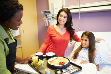 Young Girl Being Served Lunch In Hospital Bed