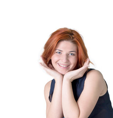 Happy woman with red hair on the white background