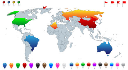 Obraz premium Detailed world map,flags and banners for location pinpoint.