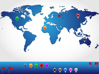 World map with pins and banners for location pinpoint