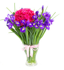 hortensia and iris flowers in vase
