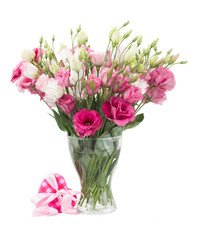 Pink eustoma flowers with  present  box