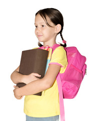 Little school girl holding her books
