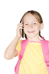 Little school girl talking by phone
