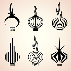 Set of onion icons in different graphic styles