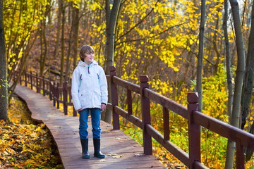 Obraz premium Cute school boy walking in a park on a wooden path way