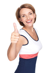 Portrait of a beautiful adult happy woman with thumbs up sign