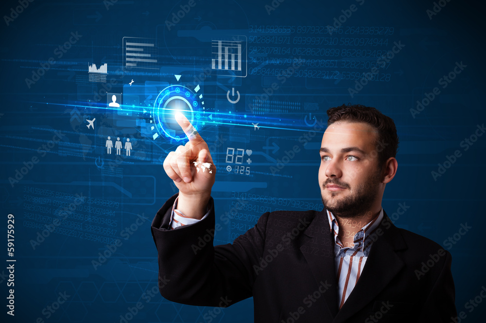 Aufkleber handsome businessman touching future web technology buttons and