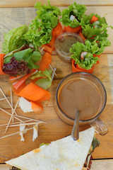 Salad vegetables - carrots, rolls to crab with coffee.