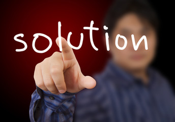 man hand touching on solution button