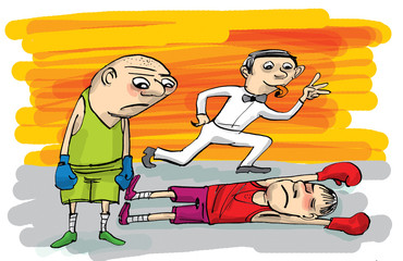Referee counting down boxer lying on the canvas, cartoon