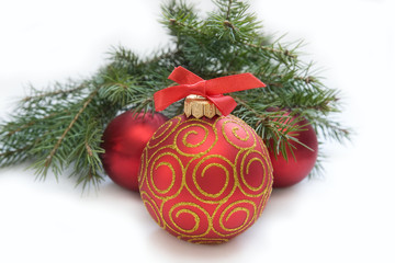 Christmas red ball, twig of fir