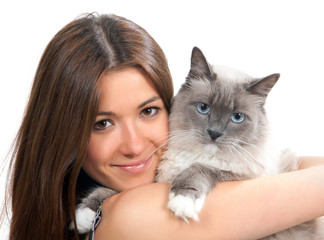 Young woman hold Ragdoll cat blue eye and smile