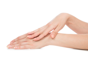 Fototapeta premium Beautiful woman hands with french manicure nails