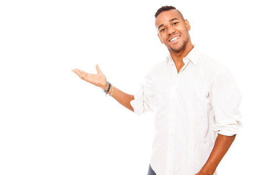 Afro american man is presenting on white background