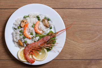 rice with seafood and vegetables top view