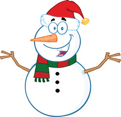 Happy Snowman Cartoon Mascot Character With Open Arms