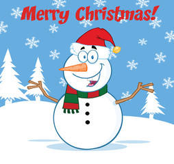 Happy Snowman With Open Arms Under Merry Christmas Text
