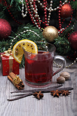 mulled wine with spice and christmas tree