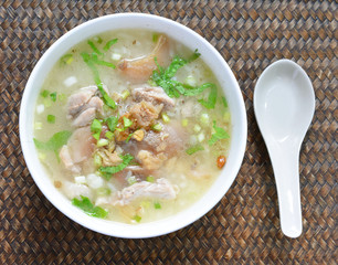 Boiled rice pork in a bowl