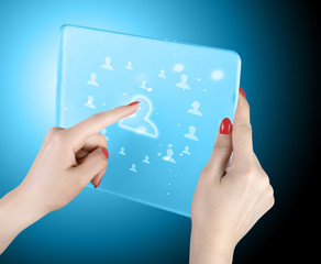 woman hand pressing modern social buttons