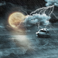 Boat in storm  evening on ocean and the moon