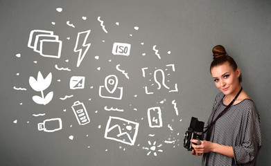 Photographer girl capturing white photography icons and symbols