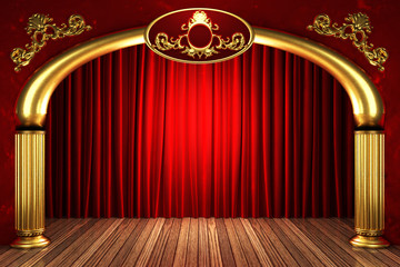 red fabric curtain on golden stage