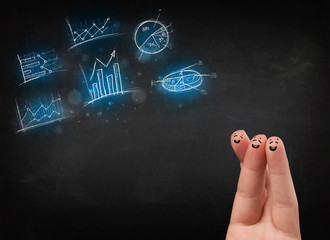 Happy finger smileys with blue chart icons and symbols